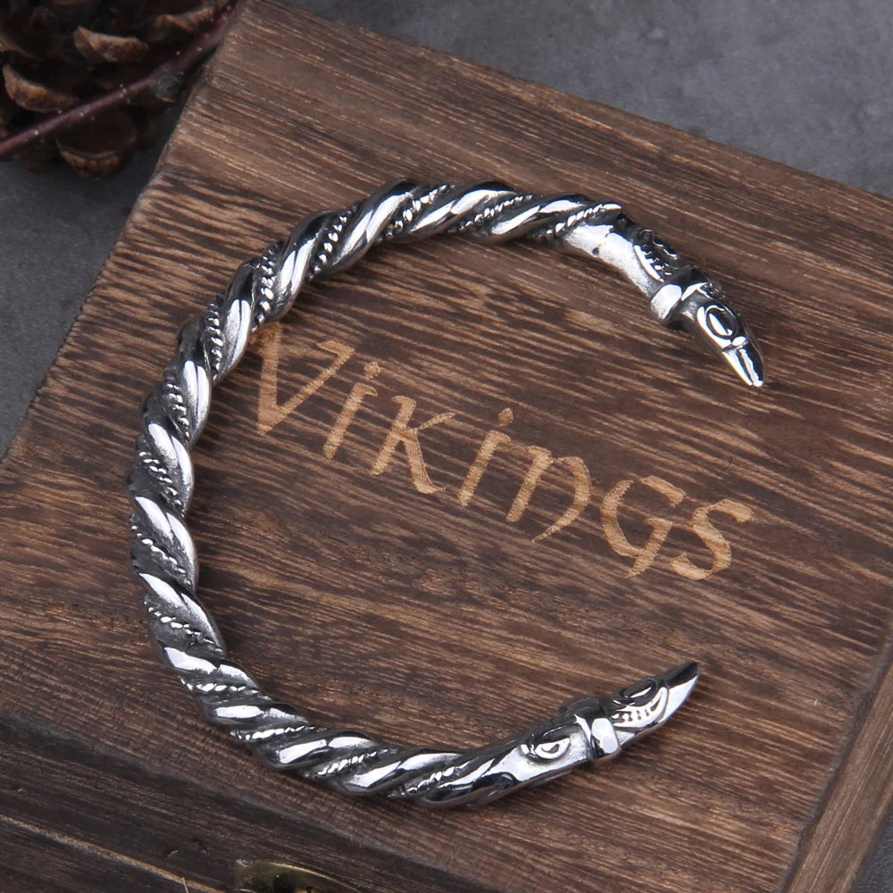 Stainless Steel Nordic Viking Norse Raven Bracelet adjustable Men Wristband Cuff Bracelets with Viking Wooden Box