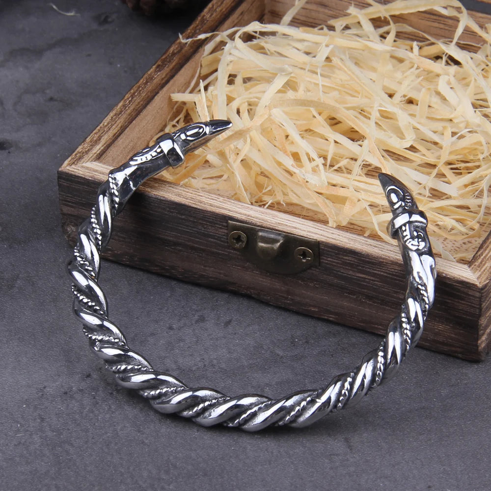 Stainless Steel Nordic Viking Norse Raven Bracelet adjustable Men Wristband Cuff Bracelets with Viking Wooden Box