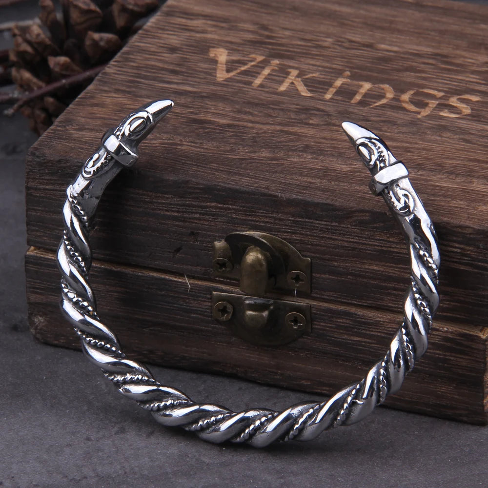 Stainless Steel Nordic Viking Norse Raven Bracelet adjustable Men Wristband Cuff Bracelets with Viking Wooden Box