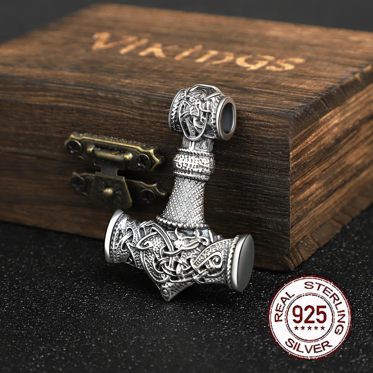 S925 Sterling Silver norse Viking thor's hammer mjolnir pendant necklace with leather chain wood box as gift Dropshipping