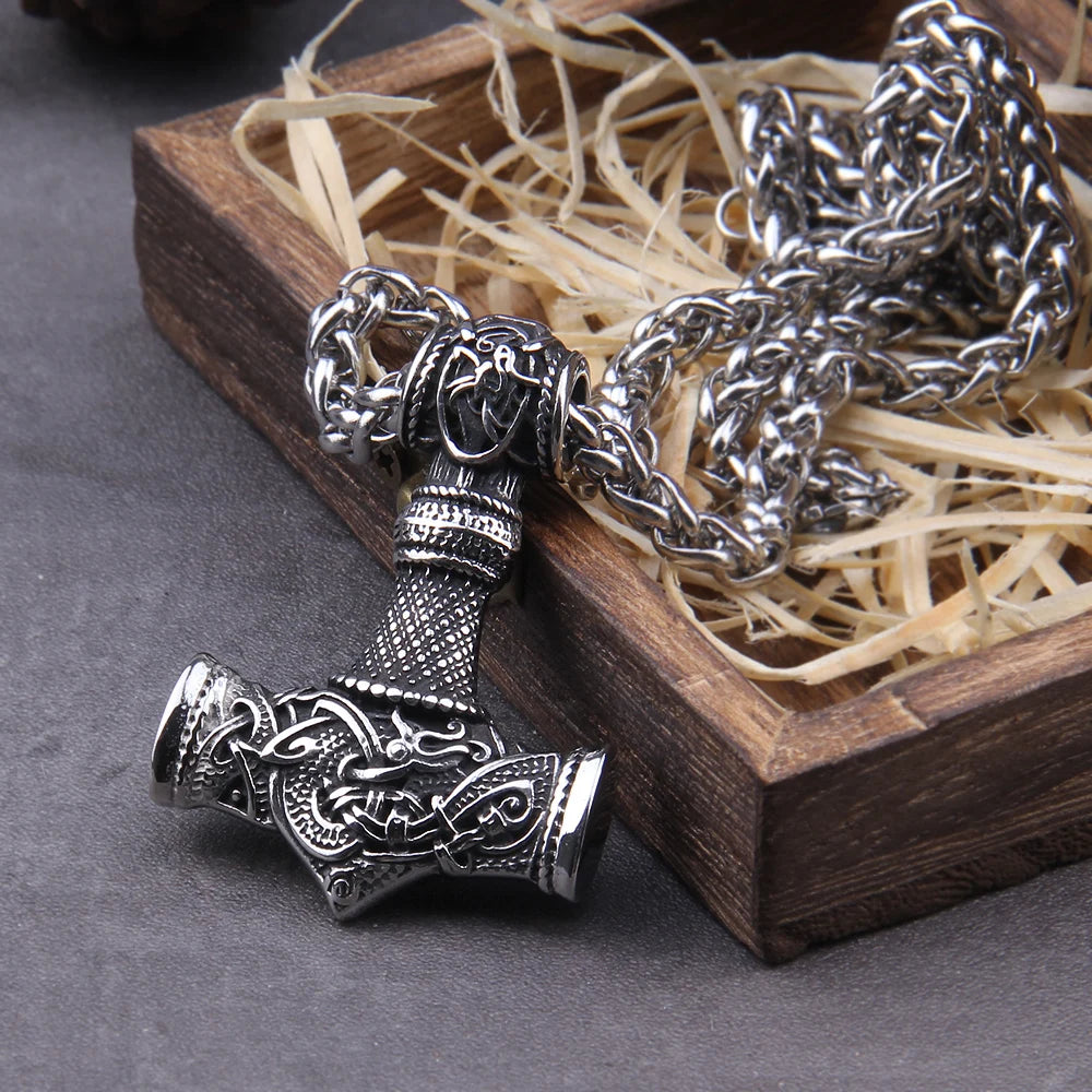 Stainless Steel Thor's Hammer Necklace Viking Dragon Necklace For Men Jewelry Talisman with wooden box as gift