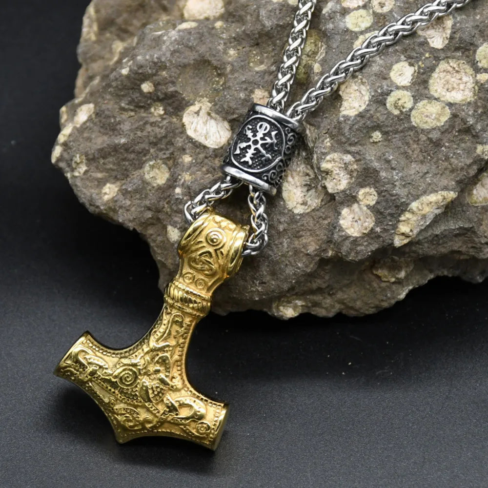 Norse Vikings Thor's Hammer Mjolnir Scandinavian Rune Amulet Keychain Stainless Steel Vegvisir Anchor Pendant Male Jewelry