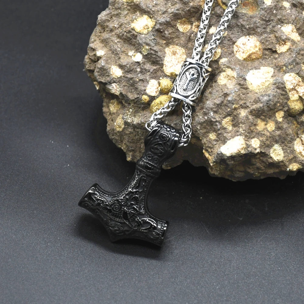 Norse Vikings Thor's Hammer Mjolnir Scandinavian Rune Amulet Keychain Stainless Steel Vegvisir Anchor Pendant Male Jewelry