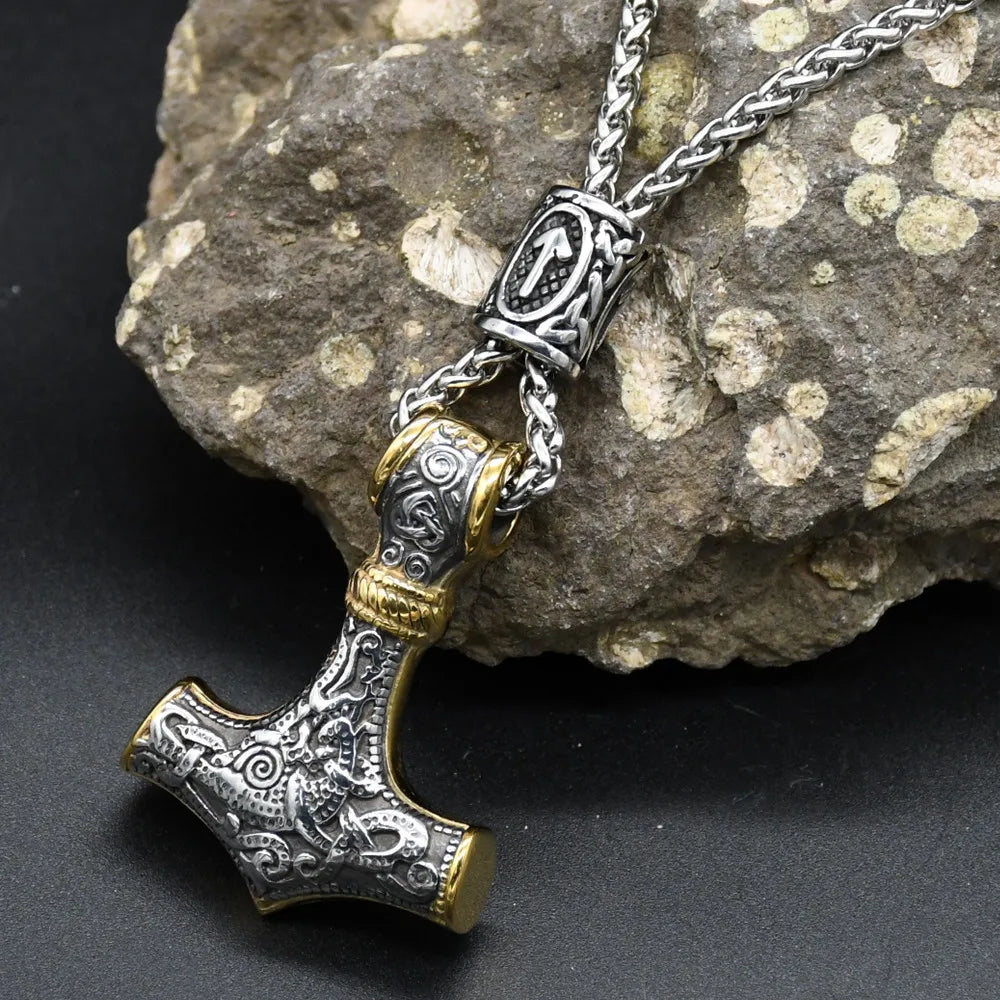 Norse Vikings Thor's Hammer Mjolnir Scandinavian Rune Amulet Keychain Stainless Steel Vegvisir Anchor Pendant Male Jewelry