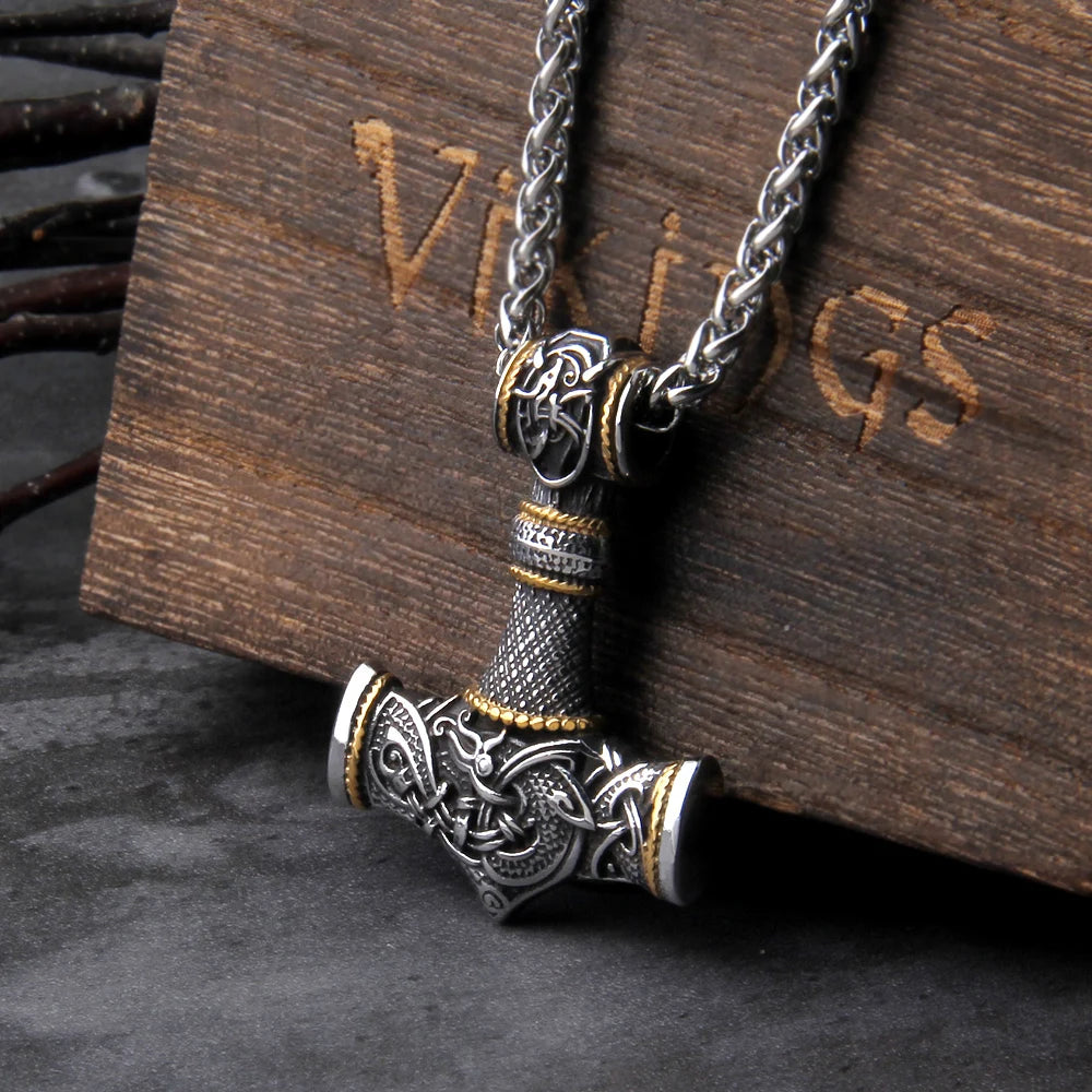 Stainless Steel Thor's Hammer Necklace Viking Dragon Necklace For Men Jewelry Talisman with wooden box as gift