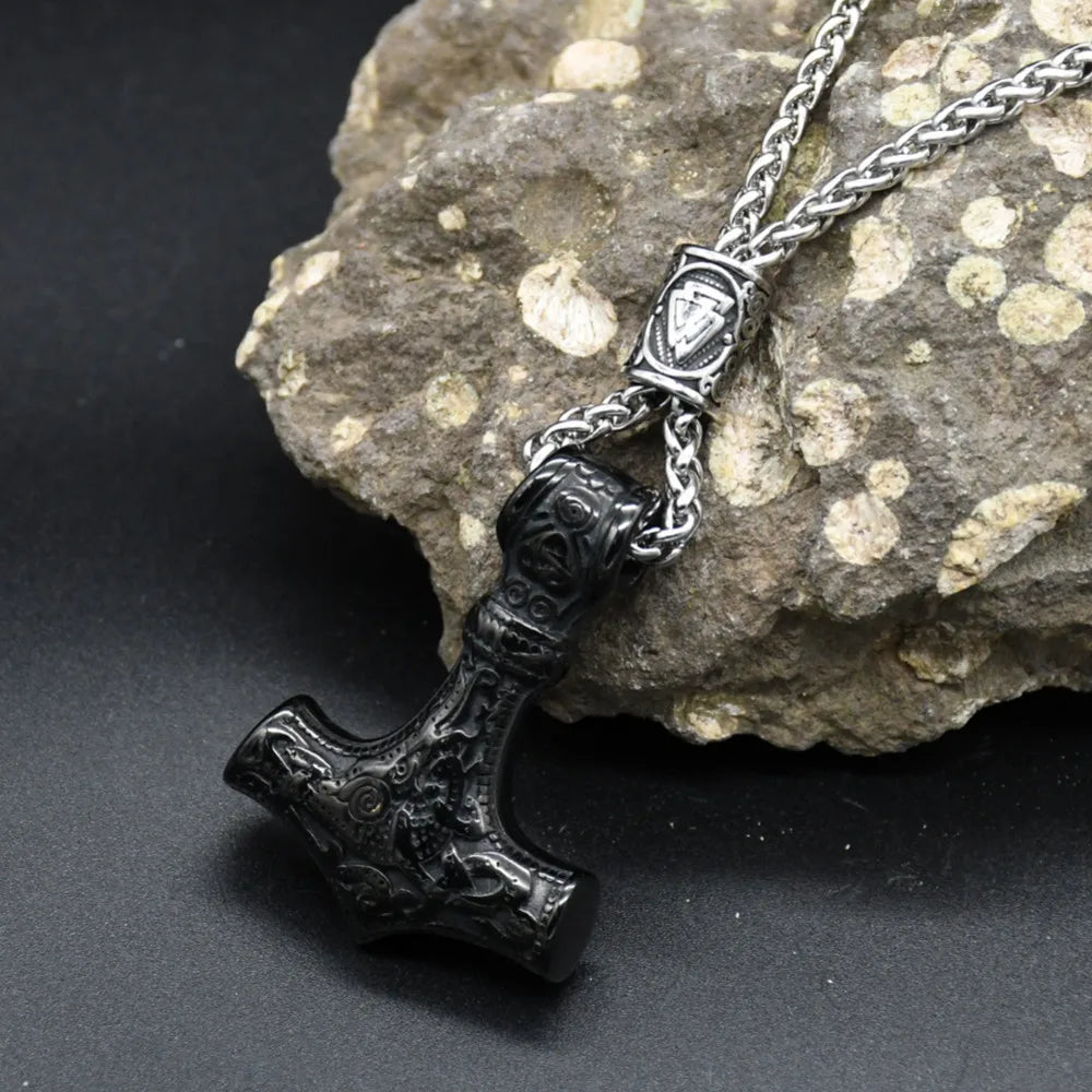 Norse Vikings Thor's Hammer Mjolnir Scandinavian Rune Amulet Keychain Stainless Steel Vegvisir Anchor Pendant Male Jewelry