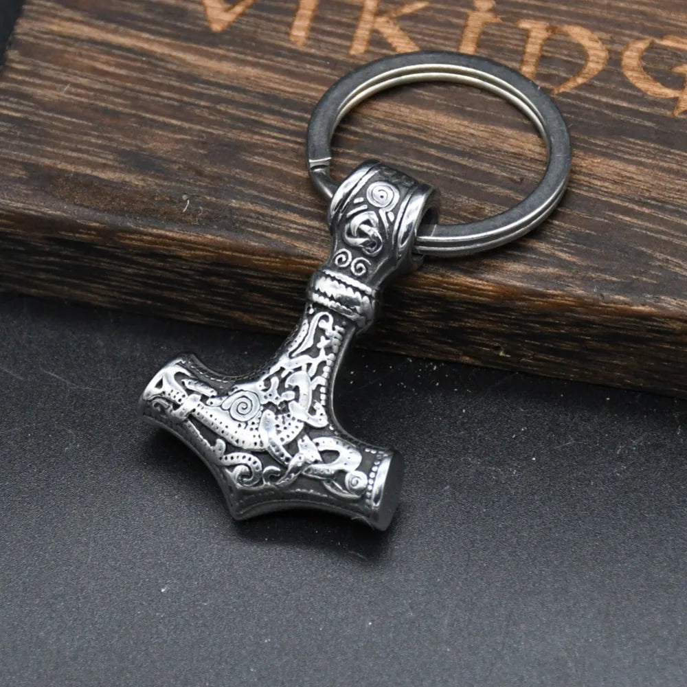 Norse Vikings Thor's Hammer Mjolnir Scandinavian Rune Amulet Keychain Stainless Steel Vegvisir Anchor Pendant Male Jewelry