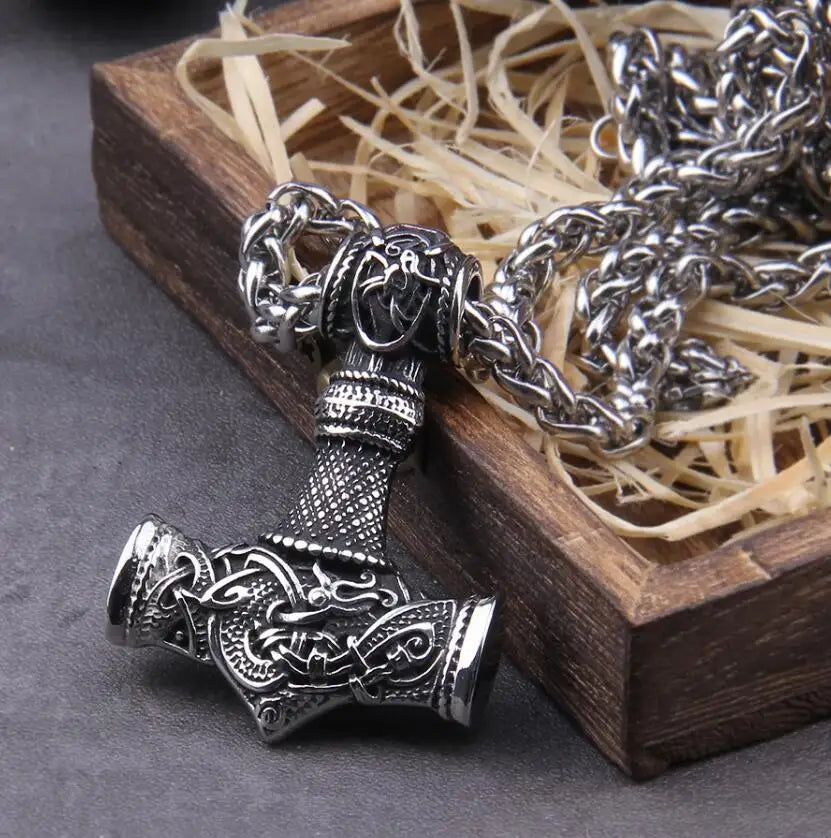 Stainless Steel Thor's Hammer Necklace Viking Dragon Necklace For Men Jewelry Talisman with wooden box as gift