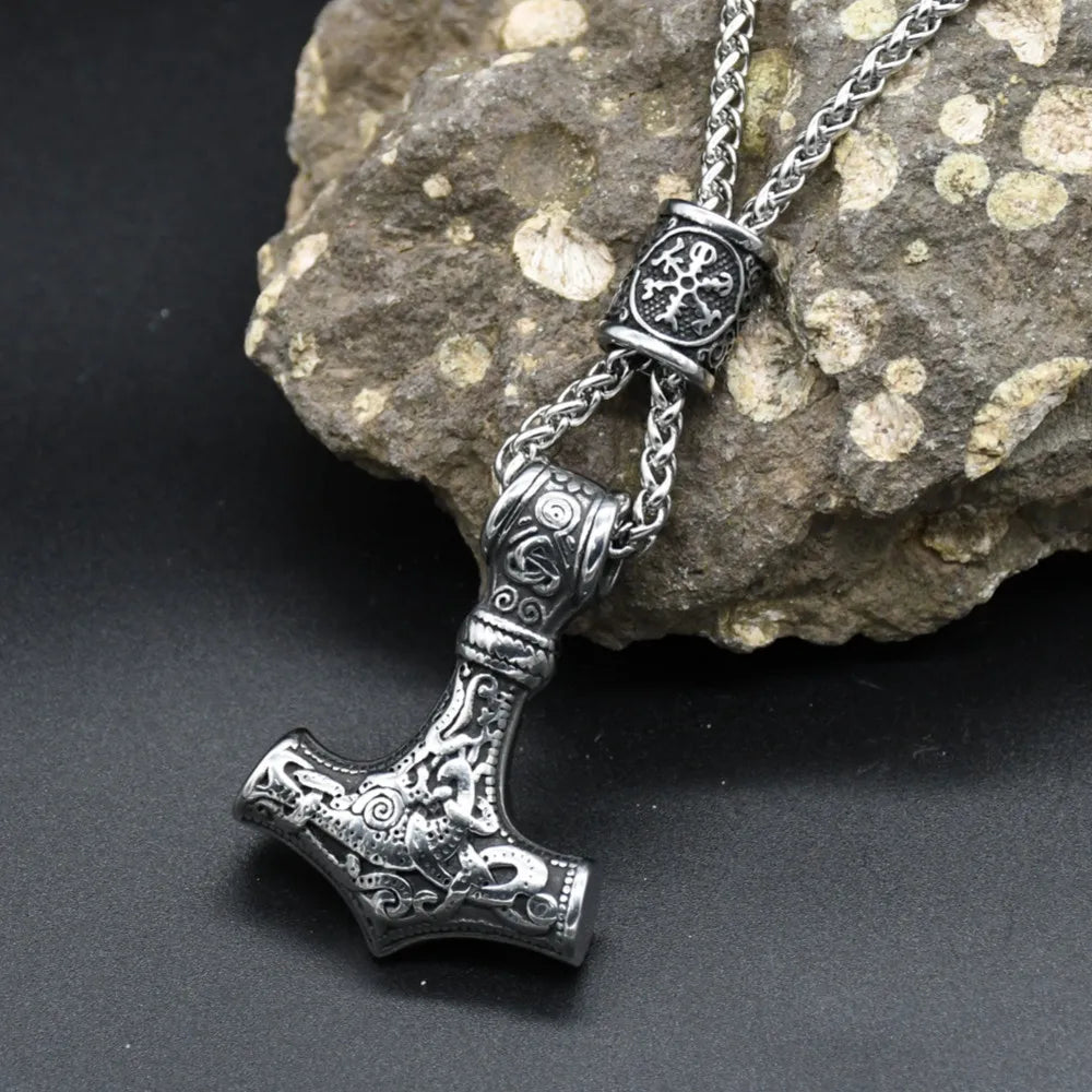 Norse Vikings Thor's Hammer Mjolnir Scandinavian Rune Amulet Keychain Stainless Steel Vegvisir Anchor Pendant Male Jewelry