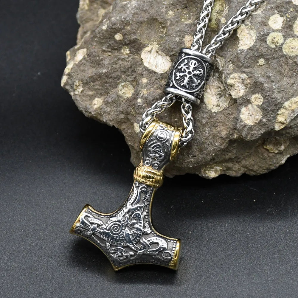 Norse Vikings Thor's Hammer Mjolnir Scandinavian Rune Amulet Keychain Stainless Steel Vegvisir Anchor Pendant Male Jewelry