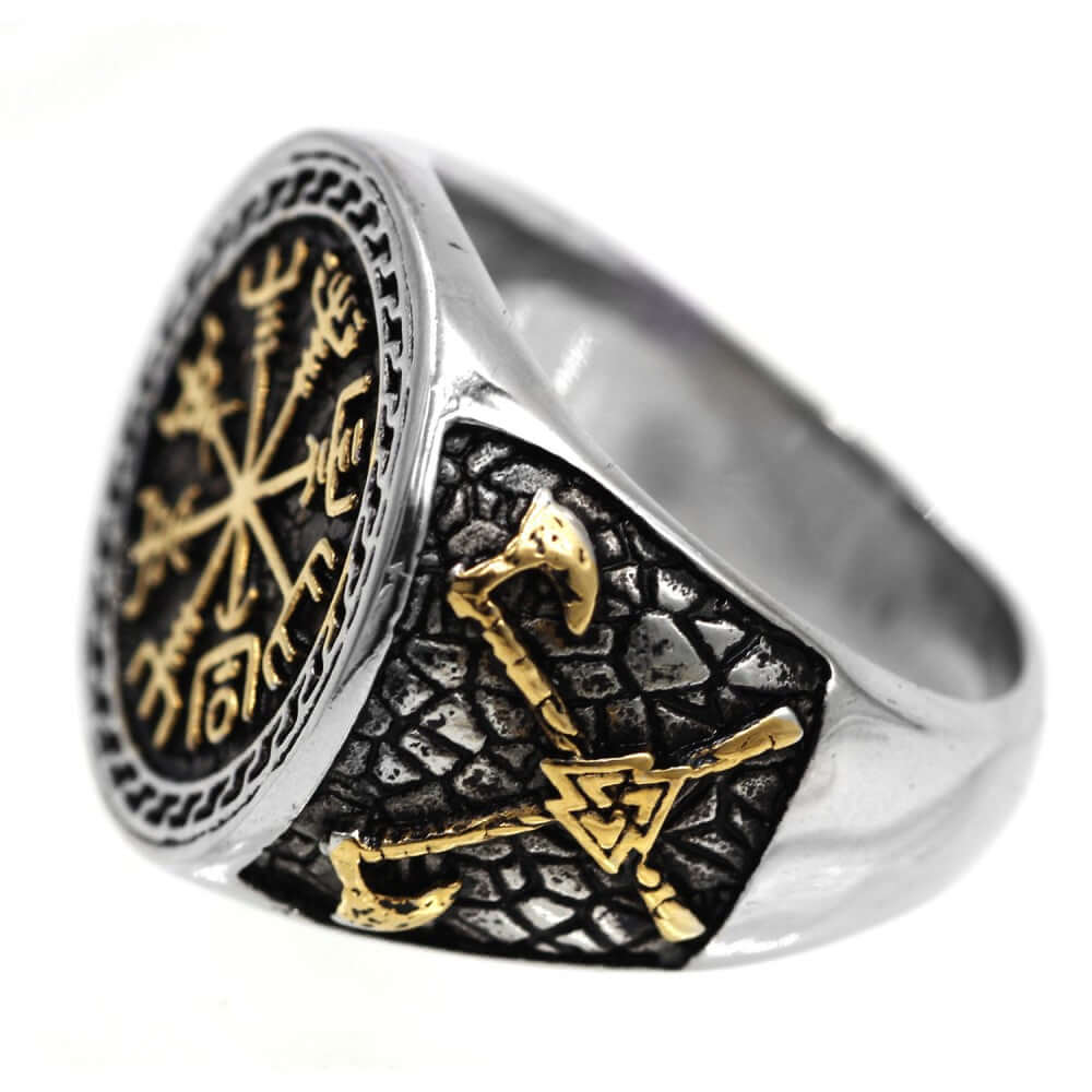 Mens Norse Viking Axe & Vegvisir Compass Ring - Stainless Steel Size 7-16, Silver Finish