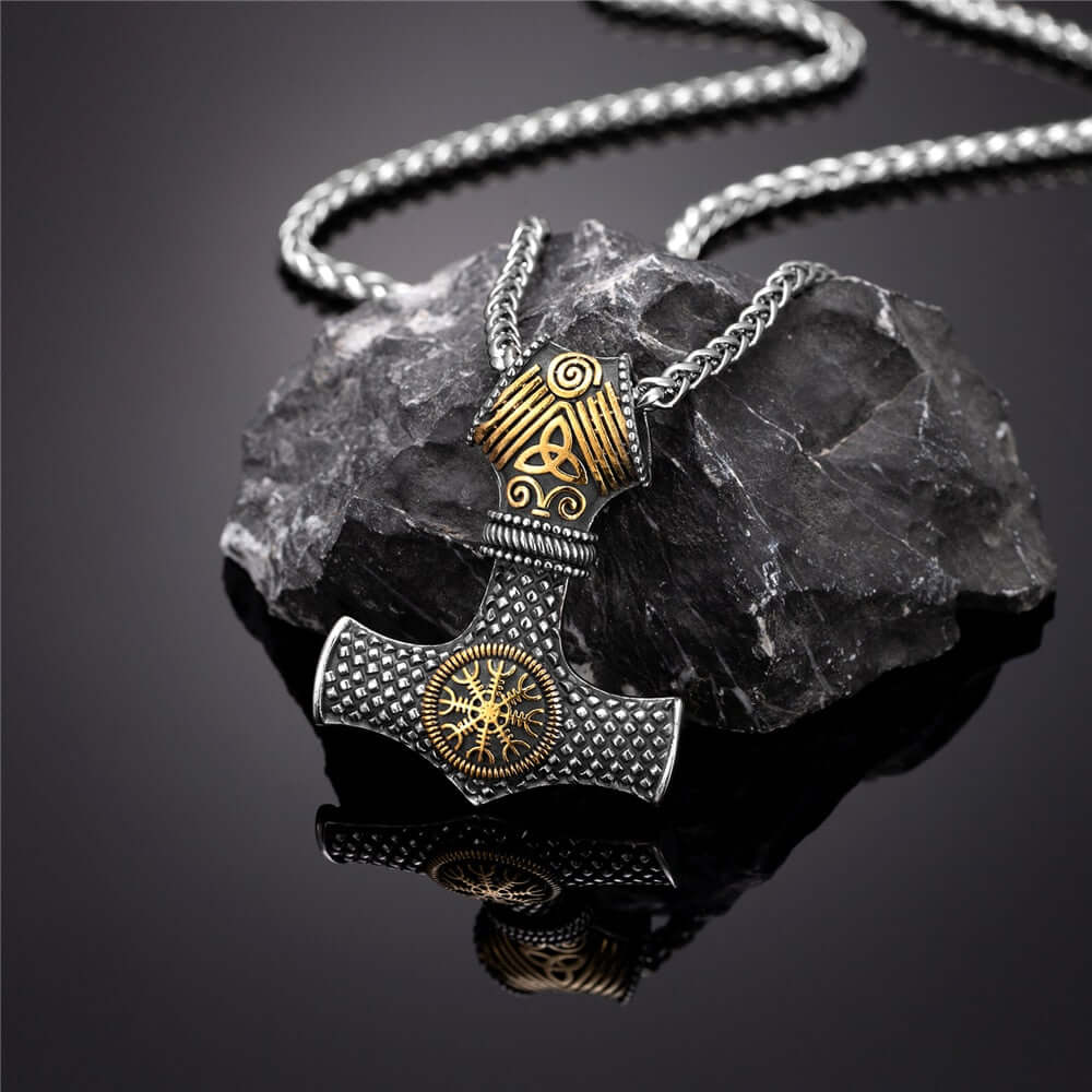 Gold and Silver Mjolnir Pendant With Helm Of Awe Necklace Viking