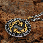 Nordic Viking Stainless Steel Geri and Freki Wolf Rune Necklace