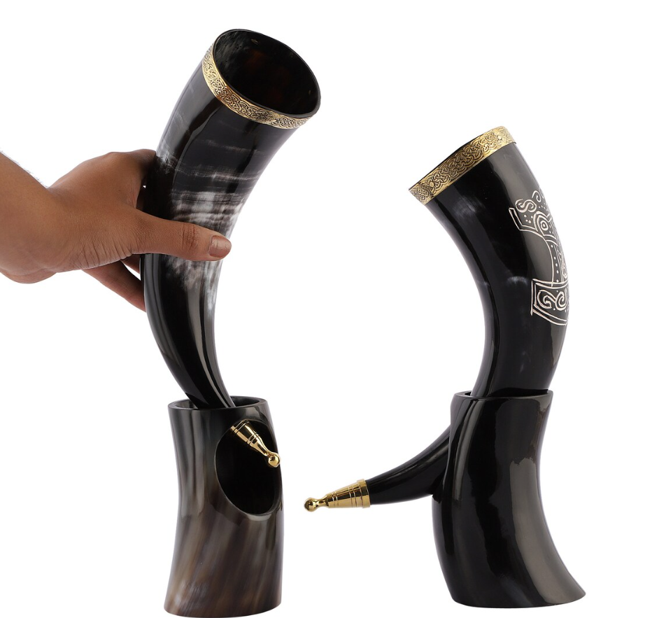 Thors Hammer Engraved Drinking Horn with Stand