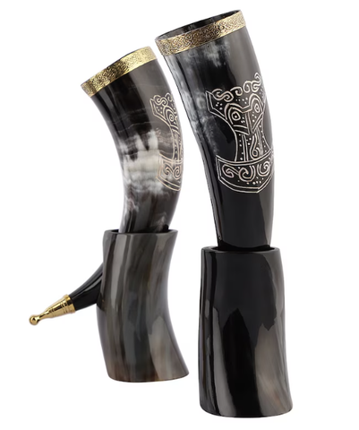 Thors Hammer Engraved Drinking Horn with Stand
