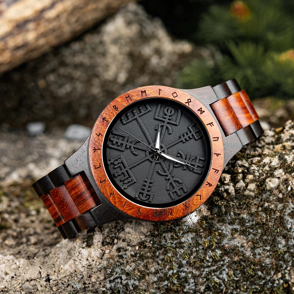 Viking Wooden Watch - Vegvisir Symbol