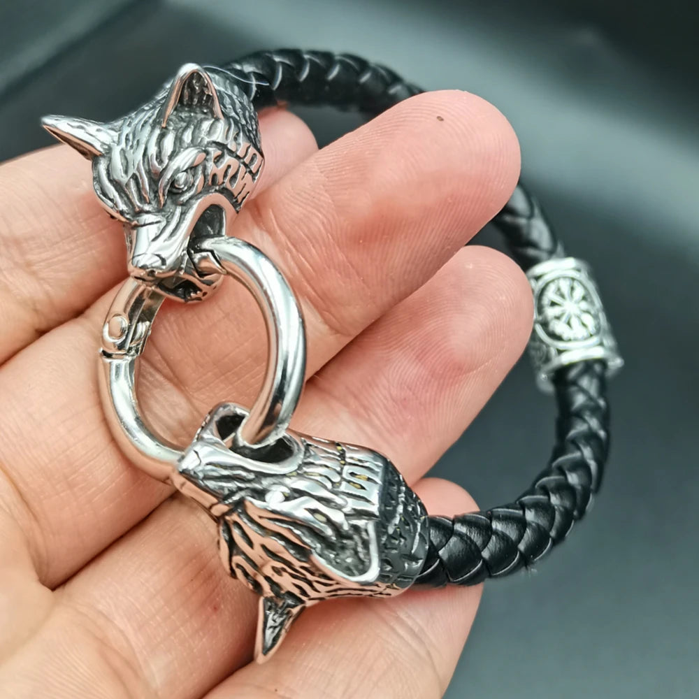 Viking rune bead Wolf Head Bracelet Stainless Steel Animal head Leather Bracelet For Women men gift