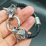 Viking rune bead Wolf Head Bracelet Stainless Steel Animal head Leather Bracelet For Women men gift