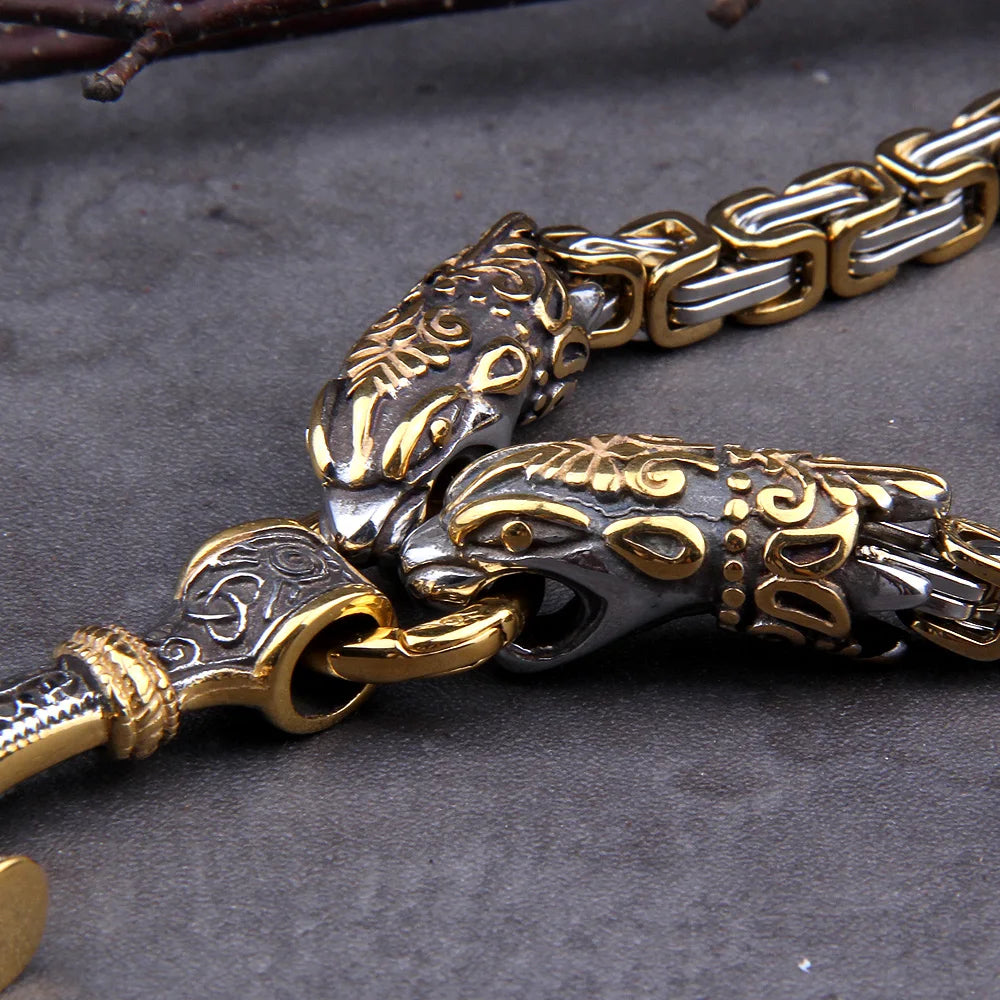Gold Trimmed King Chain With Dragon Heads & Fenrir Pendant
