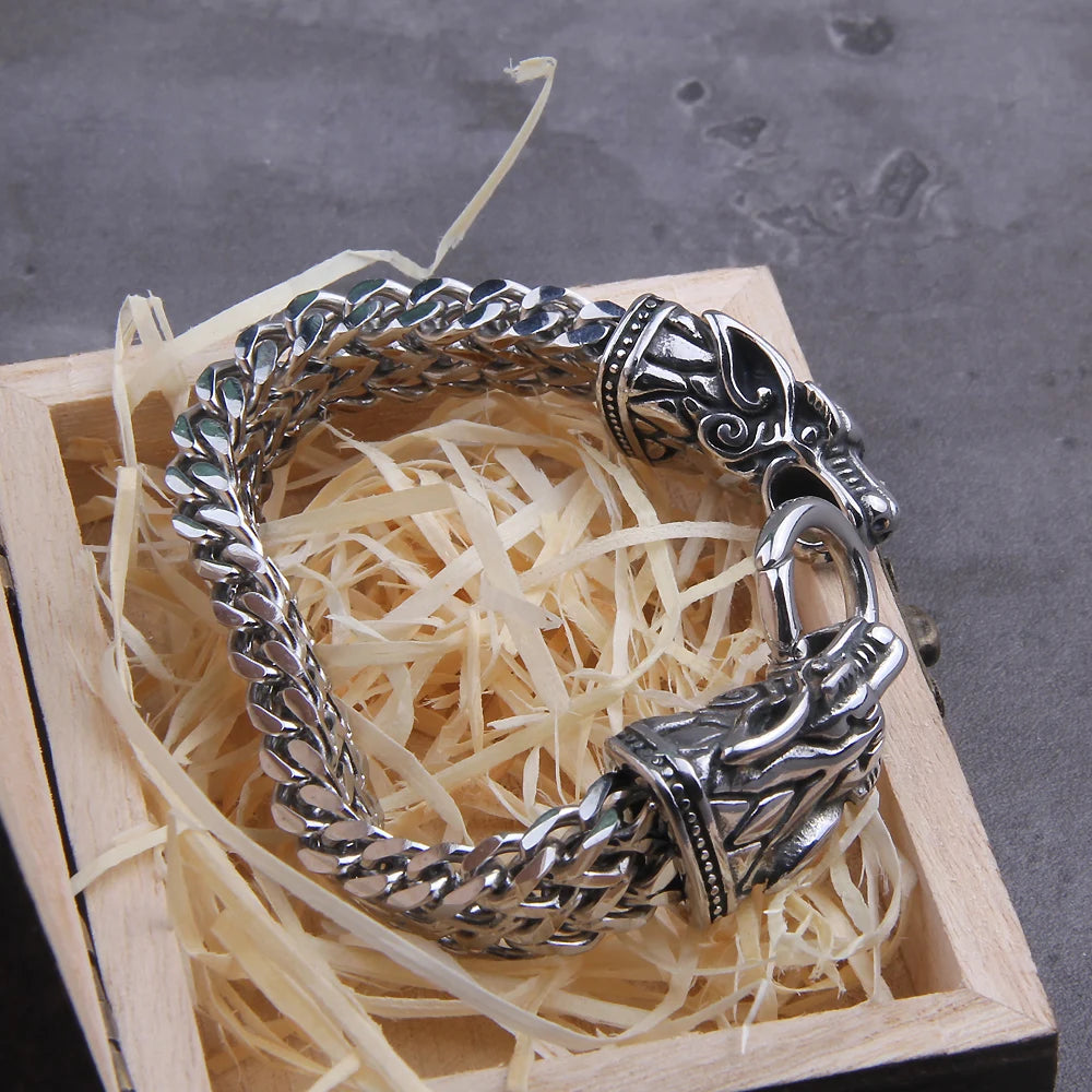 Never Fade Rock Viking Dragon Charm Bracelet Men's Stainless Steel Mesh Chain silver color Wolf Punk Bracelets Biker Jewelry