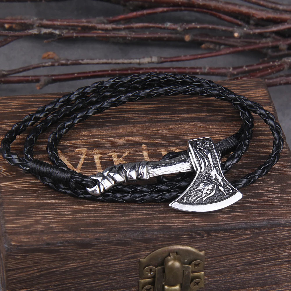 Men's Jewelry Axe Wrap Viking Bracelet Men's Leather Accessories Silver Color Hatchet Handmade Pirate Bracelet For Male