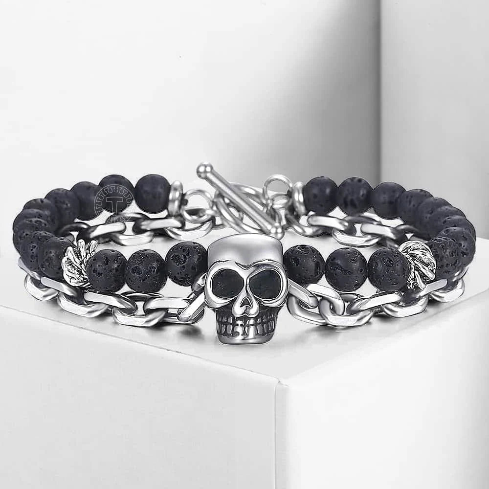 Black Lava Beaded Bracelet for Men Stainless Steel Double Layered Wheat Link Skull Charm Bracelets Male Halloween Jewelry LDB183