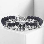 Black Lava Beaded Bracelet for Men Stainless Steel Double Layered Wheat Link Skull Charm Bracelets Male Halloween Jewelry LDB183