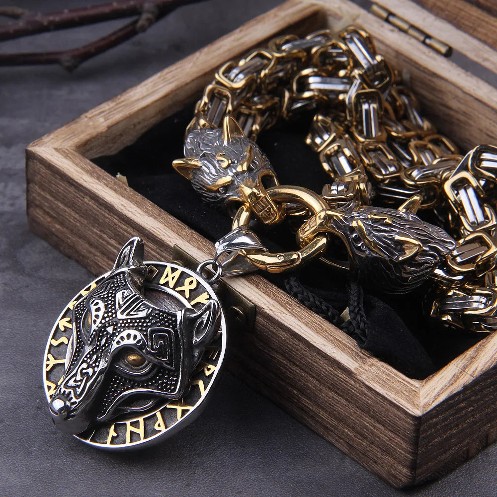 Gold Trimmed King Chain With Dragon Heads & Fenrir Pendant