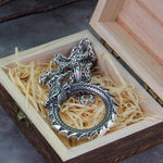 Never Fade Men Stainless steel Viking Self-devourer Ouroboros Valknut Amulet dragon Pendant Necklace with vikings wooden box