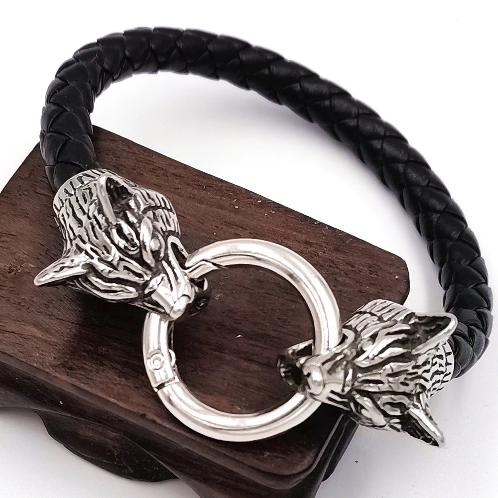 Viking rune bead Wolf Head Bracelet Stainless Steel Animal head Leather Bracelet For Women men gift
