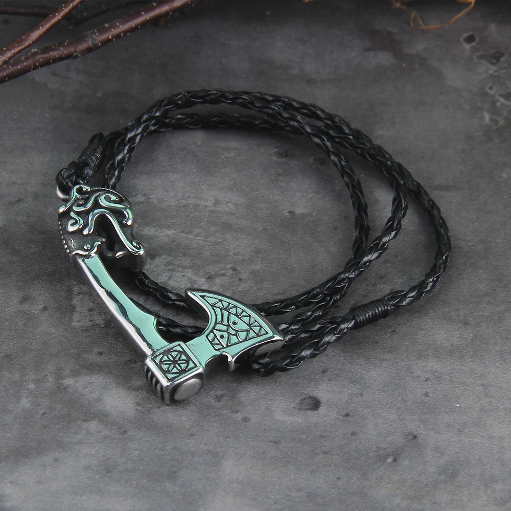 Men's Jewelry Axe Wrap Viking Bracelet Men's Leather Accessories Silver Color Hatchet Handmade Pirate Bracelet For Male
