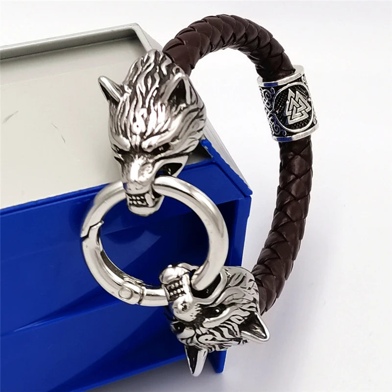 Viking rune bead Wolf Head Bracelet Stainless Steel Animal head Leather Bracelet For Women men gift