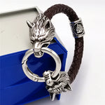 Viking rune bead Wolf Head Bracelet Stainless Steel Animal head Leather Bracelet For Women men gift