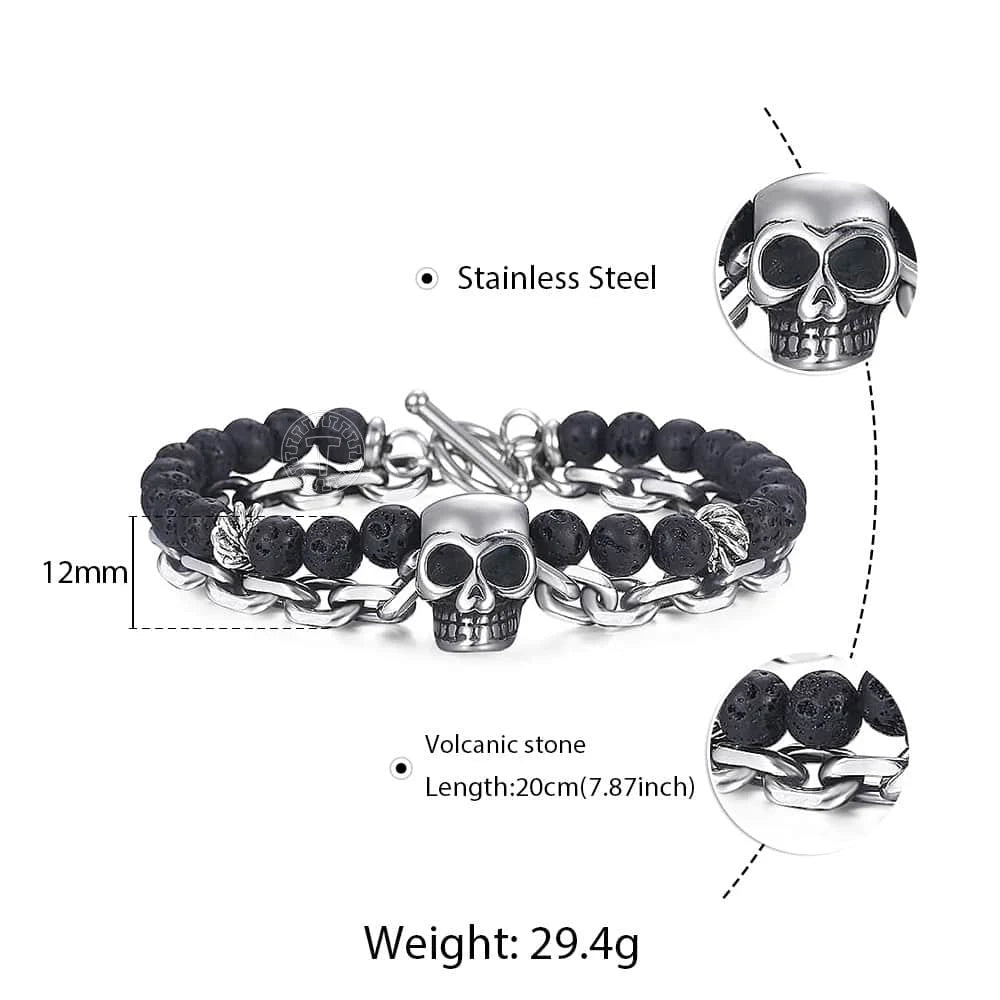 Black Lava Beaded Bracelet for Men Stainless Steel Double Layered Wheat Link Skull Charm Bracelets Male Halloween Jewelry LDB183