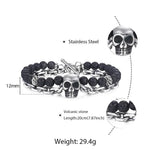 Black Lava Beaded Bracelet for Men Stainless Steel Double Layered Wheat Link Skull Charm Bracelets Male Halloween Jewelry LDB183