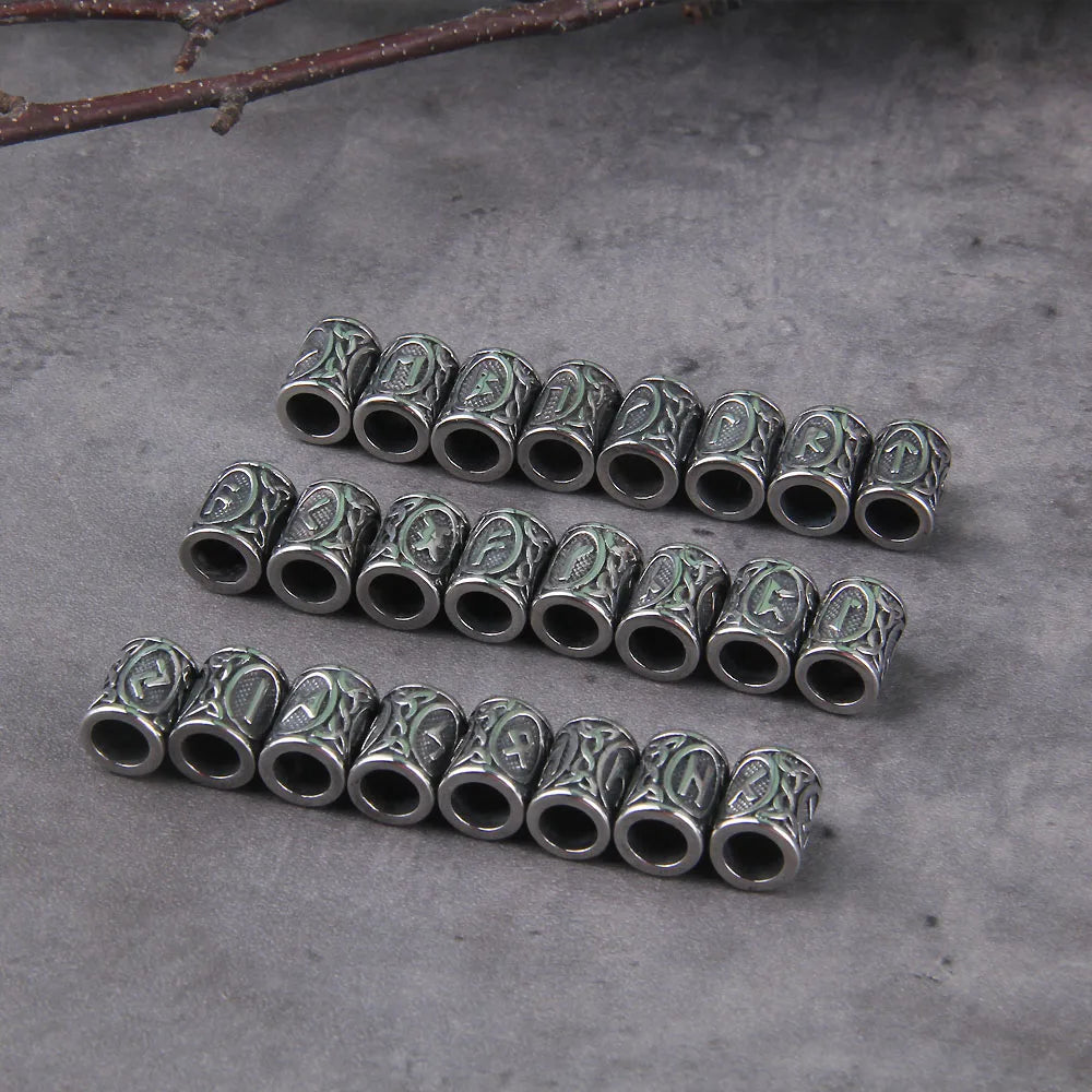 Stainless Steel 24pcs/lot Viking Runes Beads Charms TIWAZ TYR Sol rune Odal Futhark Rune beads for Hair Beard with wooden box