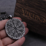 "Helm of Awe" and "Viking Vegvisir" Iron Color Viking Rune Pendant Necklace with Stainless Steel Chain As Men Gift