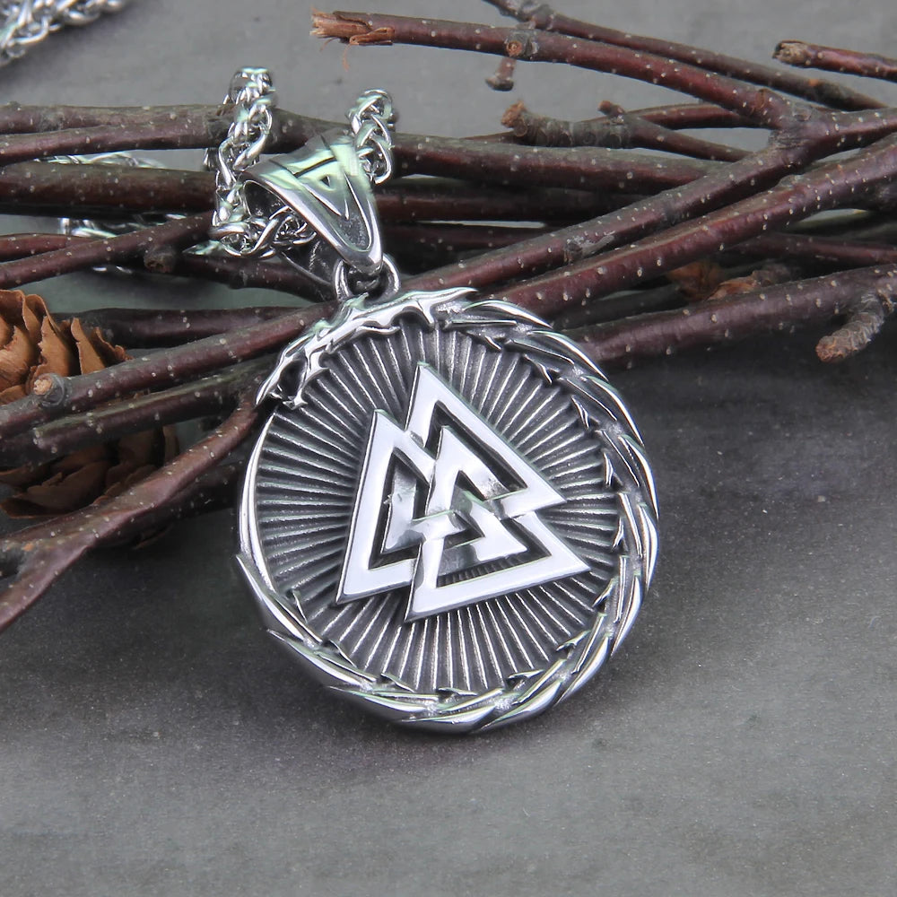 Never Fade Men Stainless steel Viking Self-devourer Ouroboros Valknut Amulet dragon Pendant Necklace with vikings wooden box