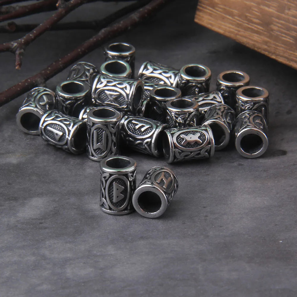 Stainless Steel 24pcs/lot Viking Runes Beads Charms TIWAZ TYR Sol rune Odal Futhark Rune beads for Hair Beard with wooden box