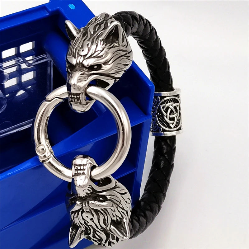Viking rune bead Wolf Head Bracelet Stainless Steel Animal head Leather Bracelet For Women men gift