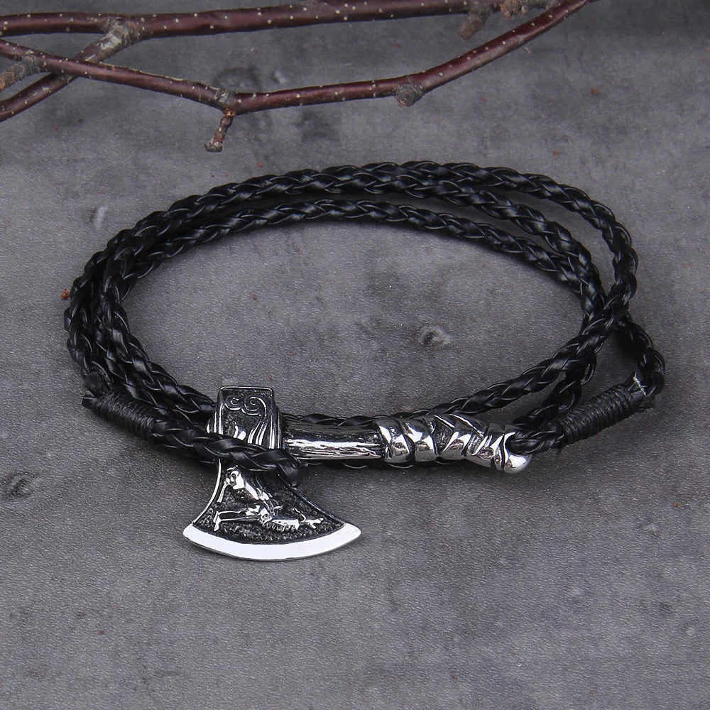 Men's Jewelry Axe Wrap Viking Bracelet Men's Leather Accessories Silver Color Hatchet Handmade Pirate Bracelet For Male