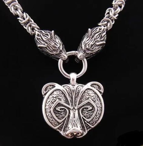 925 Sterling Silver Viking Bear Pendant Nekclace with stainless steel wolf chain as gift