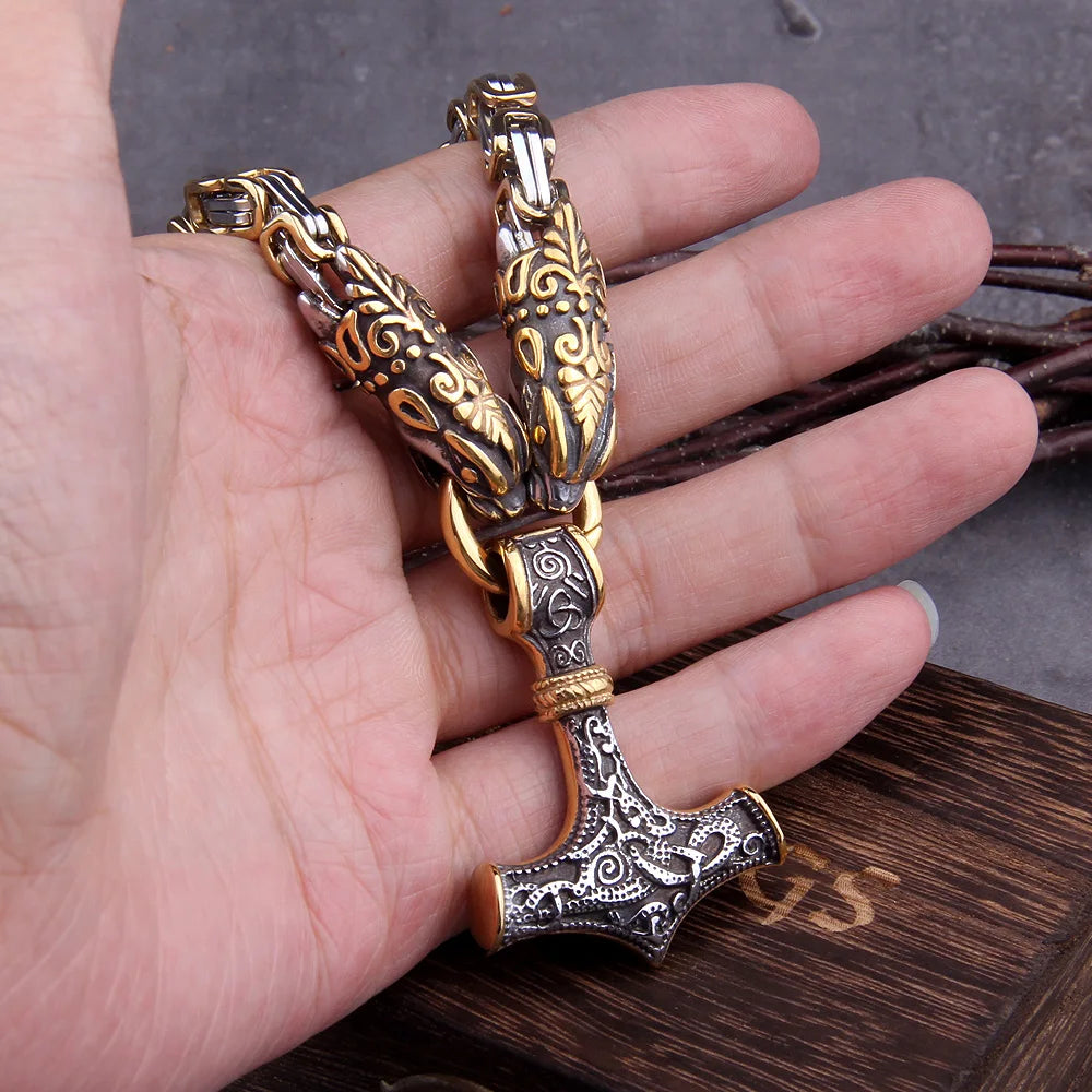 Gold Trimmed King Chain With Dragon Heads & Fenrir Pendant