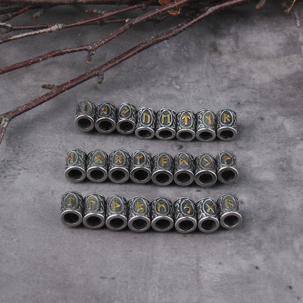 Stainless Steel 24pcs/lot Viking Runes Beads Charms TIWAZ TYR Sol rune Odal Futhark Rune beads for Hair Beard with wooden box