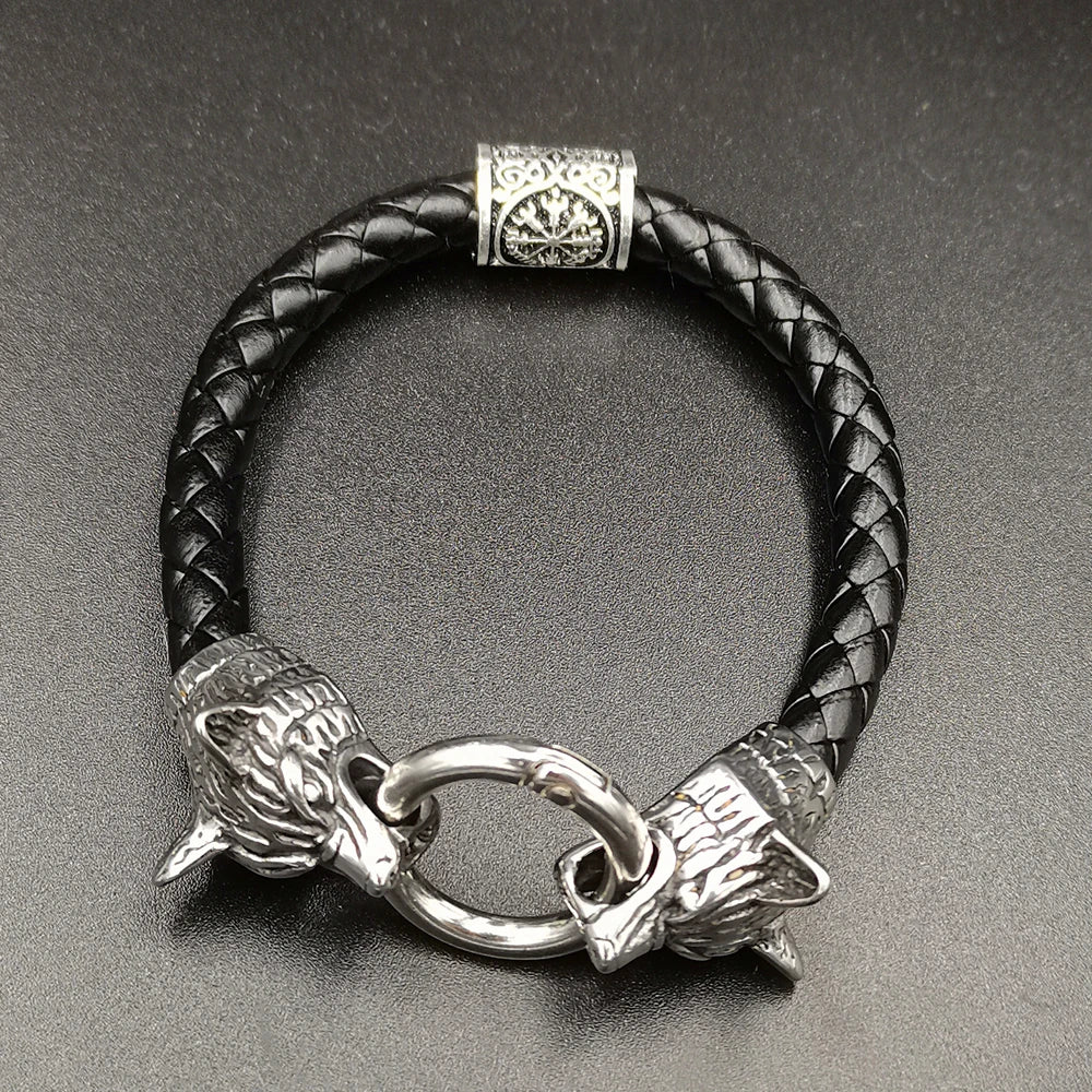 Viking rune bead Wolf Head Bracelet Stainless Steel Animal head Leather Bracelet For Women men gift
