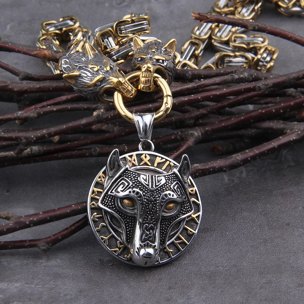 Gold Trimmed King Chain With Dragon Heads & Fenrir Pendant
