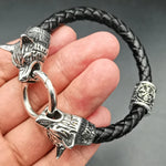 Viking rune bead Wolf Head Bracelet Stainless Steel Animal head Leather Bracelet For Women men gift