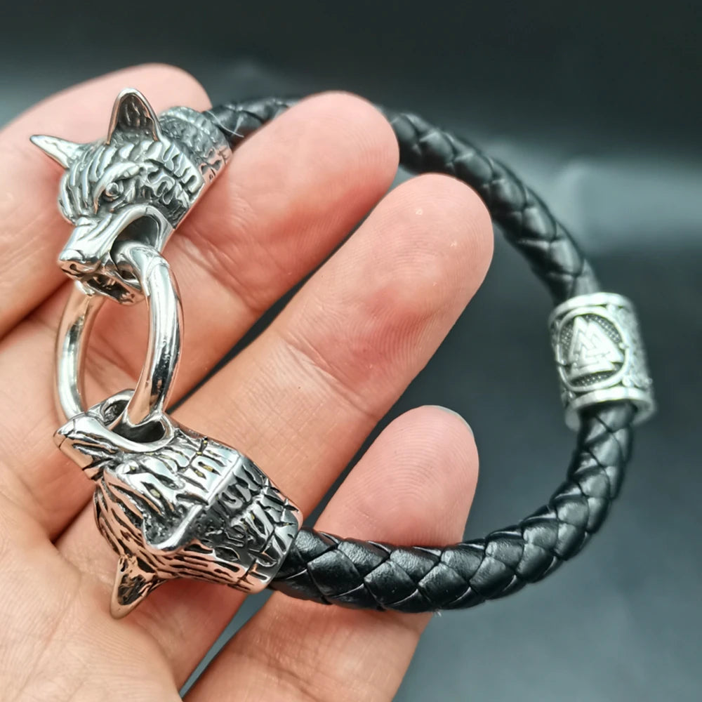 Viking rune bead Wolf Head Bracelet Stainless Steel Animal head Leather Bracelet For Women men gift