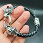 Viking rune bead Wolf Head Bracelet Stainless Steel Animal head Leather Bracelet For Women men gift