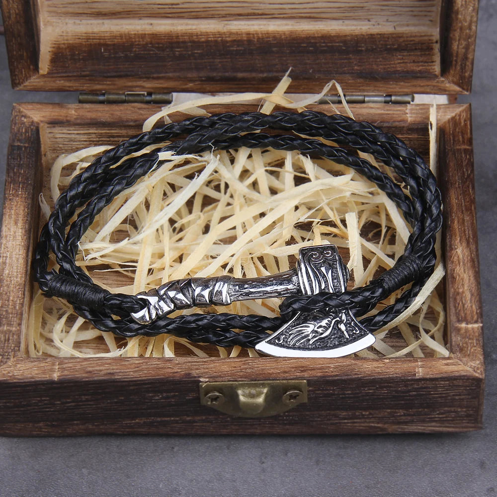 Men's Jewelry Axe Wrap Viking Bracelet Men's Leather Accessories Silver Color Hatchet Handmade Pirate Bracelet For Male